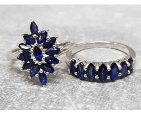 2 silver 925 and blue sapphire rings cluster and 7 stone ring, both size T, combined gross weight 8G