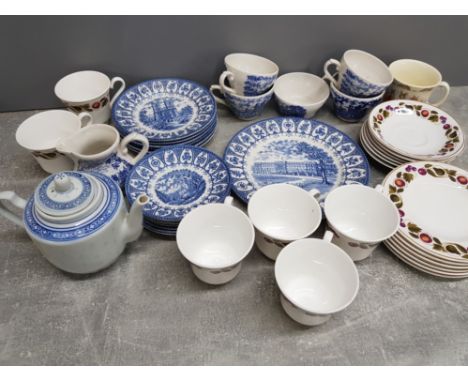 Box of mixed china includes 1977 broadhurst ironstone blue and white plates, Mayfair fruit pattern tea china etc