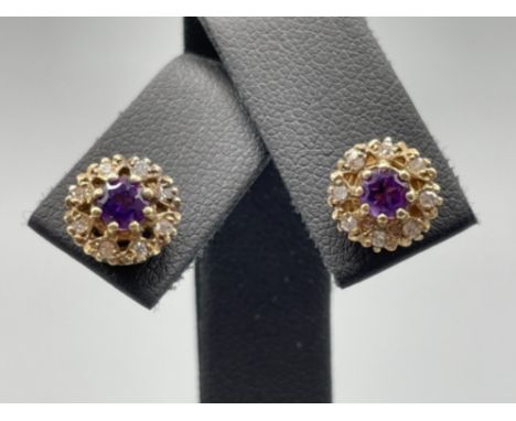 Ladies 9ct gold amethyst and diamond cluster stud earrings