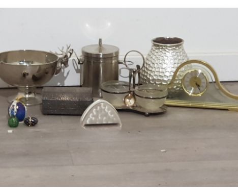 A lot containing electroplated spoons with serving dishes a bowl with stags head mantle clock etc