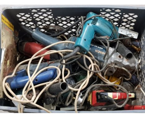Crate of mixed power tools including Bosch grinder, Makita drill, Bosch jigsaw etc