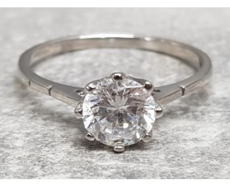 9ct white gold solitaire CZ ring, size K, 1g