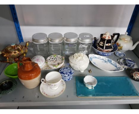 Box containing 4 lidded glass jars, saddler teapot, metal indian jug