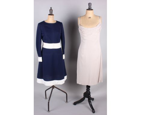 A 1960s Louis Feraud navy blue dress with white detail to the waistband, hem and cuffs; with a pale blue Jaeger pleated skirt