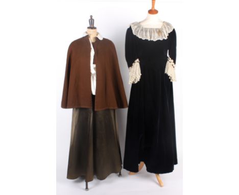 Five items of 19th century costume, comprising: a black velvet two-piece trimmed with lace, a brown silk dress, dark green sa