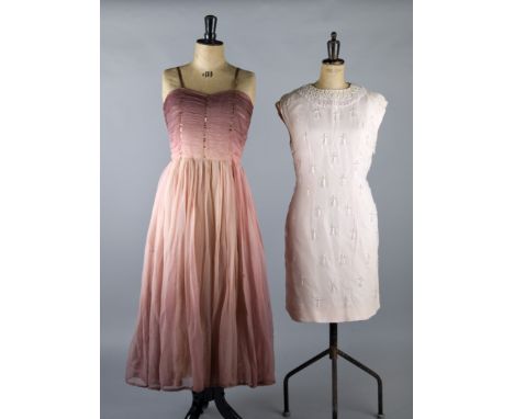 A Lee Delman silk chiffon ombre evening gown, a pale pink 1960s shift dress with bead and pearl decoration, a 1970s black Kaf