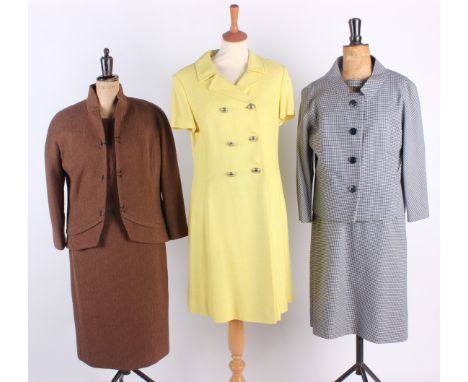 A Peggy Goss dog tooth checked dress with matching jacket, with a Jaeger red wool shift dress, a Peggy Goss yellow summer dre