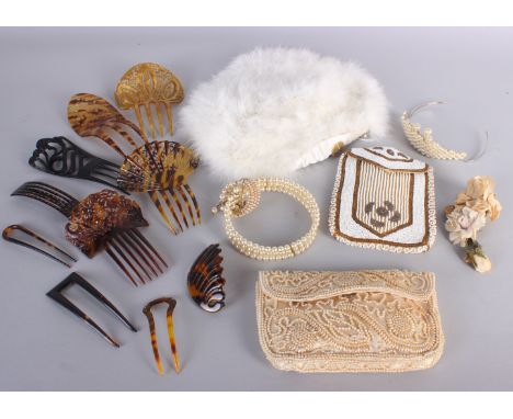 An ostrich feather sequined trimmed hat; together with a pearl headdress and choker, a quantity of hairslides and vintage eve