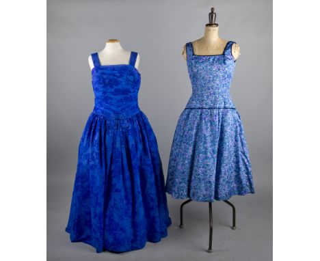 A Susan Small blue and mauve floral dress with velvet button and sash detail; a 1980s Gina Fratini electric blue velvet dress