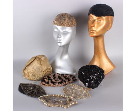 Eight early to mid 20th century Juliet caps; comprising: a black sequin cap, metallic lace and pearl cap, Elizabeth Hellier o