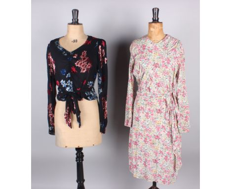 A late 1930s/early 1940s floral tea dress, a 1930s brown Astrakhan coat, a 1930s devoré blouse (possibly adapted from a dress