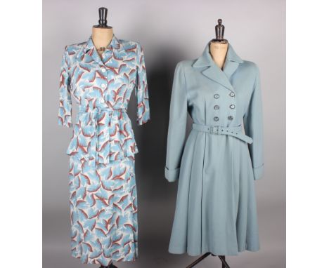 A 1940s pale blue Belmont CWS wool coat; a 1940s leaf pattern suit, a rust coloured 1940s blouse, a 1940s blue checked blouse