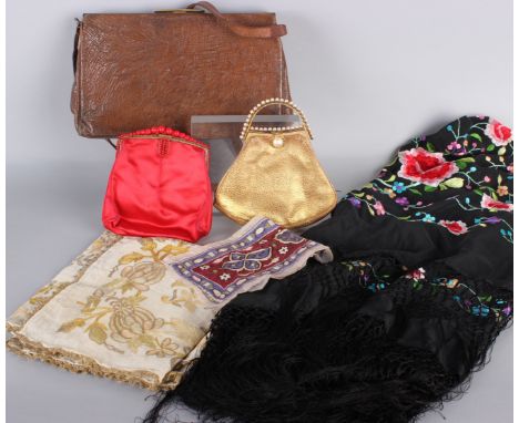 A black embroidered early 20th century fringed shawl; a 1930s British Made gold leather evening bag, a pair of silk embroider