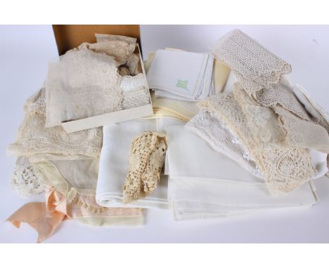 A collection of household linens, textiles and lace, including: a crochet-edged embroidered bed cover, damask table cloth, na