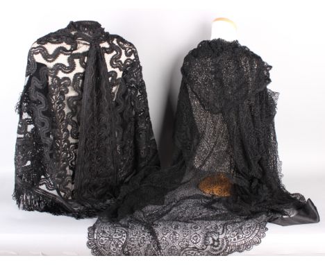 A 19th century black bobbin lace cloak, with original label 'May Hammond, Cadogan Square'; together with a long black Brussel