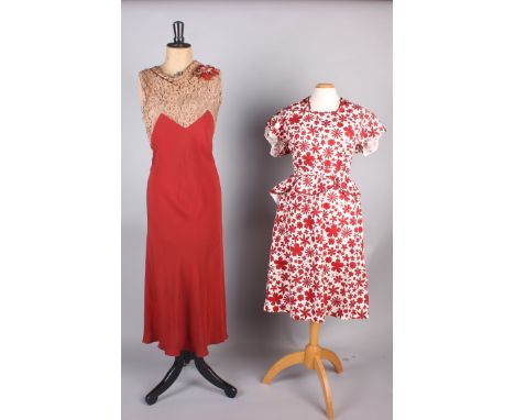 A 1930s short sleeved dress with collar and jabot; a 1930s fawn striped dress, a 1940s patterned silk dress, a 1930s russet a