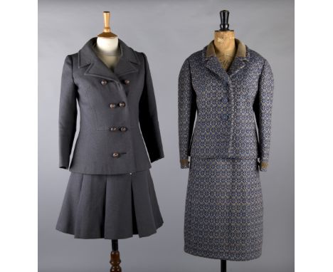 A 1960s Catherine J. Guilbert grey and cream dress and jacket, a pure wool 1960s green and blue jacket, a wool suit by County