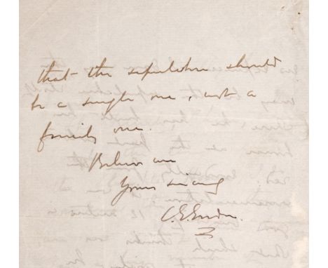 * Gordon (Charles George, 1833-1885). Autograph Letter Signed, 'C.G. Gordon', Jerusalem, 9 June 1883, to Walter Besant, begin