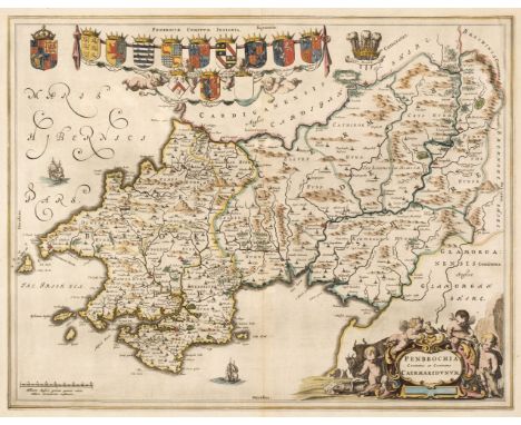 Wales. Blaeu (Johannes), Penbrochia comitatus et comitatus Caermaridunum, Amsterdam, circa. 1648, engraved map with contempor