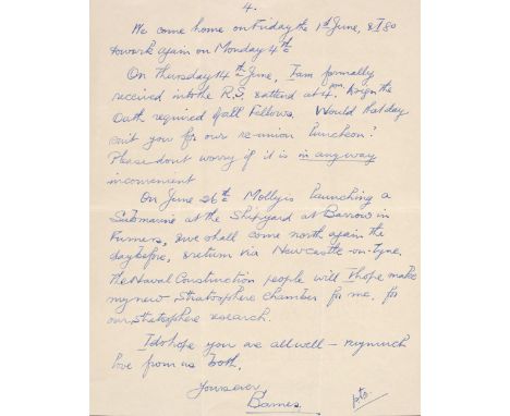 * Wallis (Barnes Neville, 1887-1979). Autograph Letter Signed, 'Barnes', Scawfell Hotel, Rosthwaite, near Keswick (on embosse