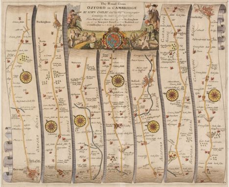 Ogilby (John). The Road from Oxford to Cambridge [1676 or later], hand-coloured engraved strip road map, decorative cartouche