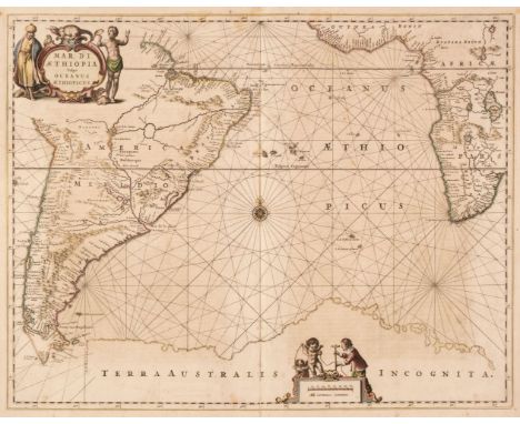 South Atlantic Ocean. Jansson (Jan), Mar Di Aethiopia vulgo Oceanus Aethiopicus, circa 1660, engraved map with contemporary o