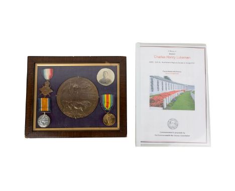 Framed WW1 British K.I.A. medals. Awarded to 200861 Charles Henry Lukeman 1st/4th Bn. Royal Berkshire Regiment. Consists of 1