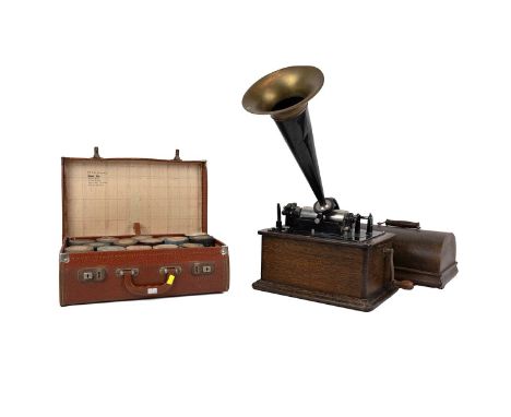 Edison Standard Phonograph, c1905. Oak case with lid, black and gilt brass 14" witches hat horn, in working condition. Togeth
