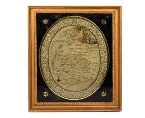 Georgian embroidery map of England and Wales, early 19th Century. Silk thread on silk base with hand painted details Britanni
