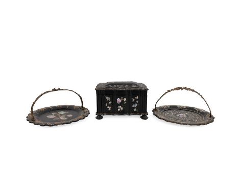 Papier-mache lacquered tea caddy, with gilt and mother of pearl decoration, raised on squat bun supports, L2cm x W13cm x H14c