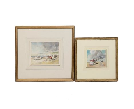 John Strickland Goodall R.I, R.B.A. Two framed and glazed watercolours 'The Windy Day'&nbsp; Edwardian beach scene, figures o