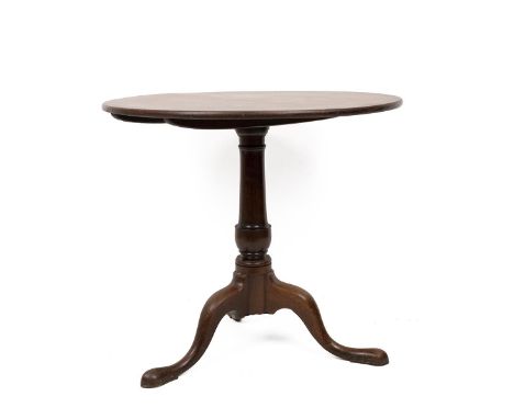 Georgian mahogany tilt top table, early 19th Century. Single pedestal over tripod base. Diameter 79cm, H 72cm (top down).