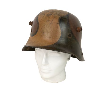 German WW1 Stahlhelm tin helmet, M1916, camouflage paint. Rim stamped Q66, leather sweatband and sweat pads (no obvious stamp