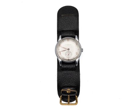 Pierce gent's wristwatch. Manual wind, 33mm stainless steel case, brushed silver dial, Roman numeral hour markers in gold ton