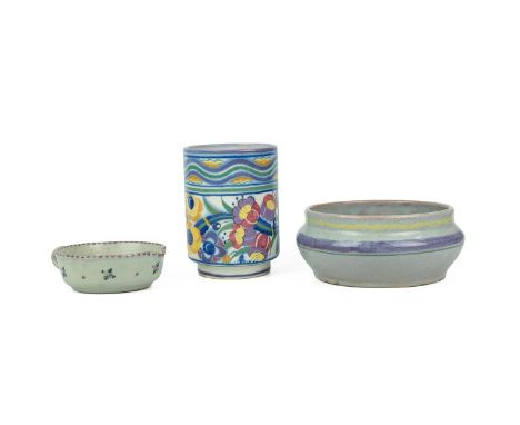Carter Stabler &amp; Adams 1920's Poole Pottery collection to include a shallow fruit bowl (diameter 19cm); cylindrical vase 