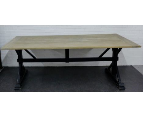 A large contemporary light oak rectangular trencher table on black metal trestle supports,  80 x 222cm 
