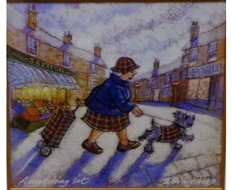 Edward Tibbs  'A Matching Set'  Limited edition pencil signed coloured print numbered 2/150, in a glazed frame, 27 x 25cm