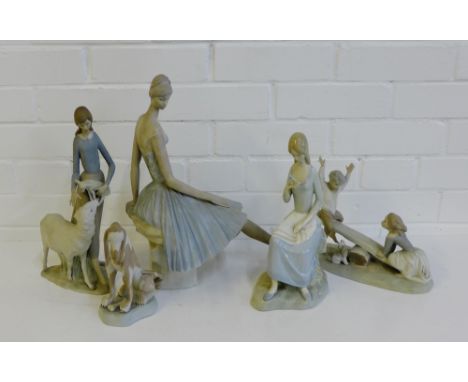 A collection of five Spanish Lladro style figures to include a Ballerina, Children playing on a Seesaw, Dog, etc., (a lot) 