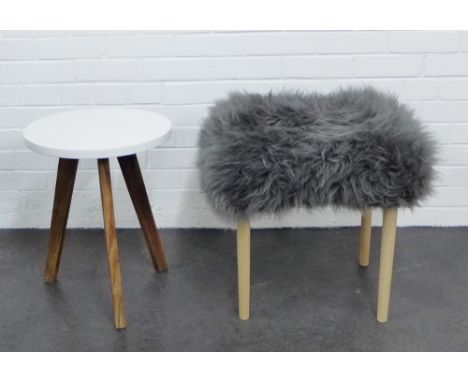 A wool covered stool on light wood supports by Baa together with a white circular topped table by GRG  (2) 