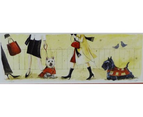 Alex Clark  'Dog Walkers' Limited edition coloured print, 120/500, signed in pencil, in a glazed gilt wood frame, 39 x 15cm