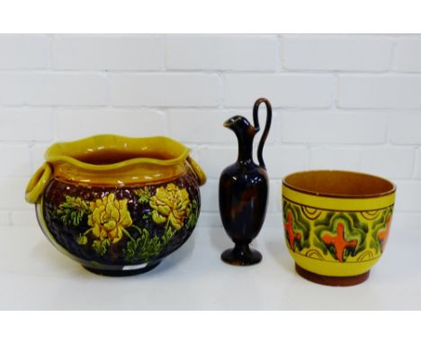 A Bretby twin handled planter, and a retro planter and a pottery ewer, (3) 