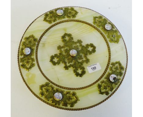 A brass mounted hardstone circular tazza with six enamel bosses, on a brass foot rim, 32cm diameter