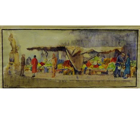 M. Mends  'Flower Market' Watercolour, signed in pencil, dated 1926, in a glazed ebonised frame
