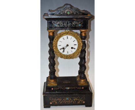 A 19th century French brass inlaid portico clock, brass mounted circular dial, Roman numerals, twin winding holes, 46cm high 