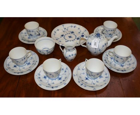 A Royal Copenhagen blue and white six setting tea service, comprising teapot, cups, saucers, side plates, milk jug, sugar bow