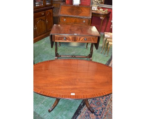 A reproduction mahogany bureau; a similar sofa table and coffee table (3)