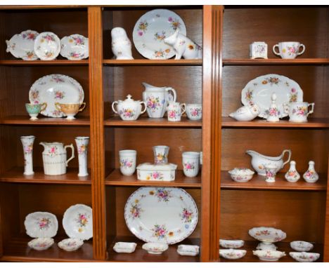 A Royal Crown Derby Posies pattern collection, including sugar bowl, butter dish, pig money bank, owl money bank, plate, sucr