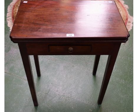 A '19th century' tea table, of a narrow and composed nature, folding rectangular top above a single frieze drawer, tapered sq