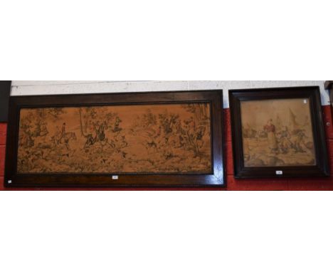 An early 20th century mahogany framed woolwork picture, 'Mending the Fishing Nets', the tapestry 46cm x 47cm; another  large 