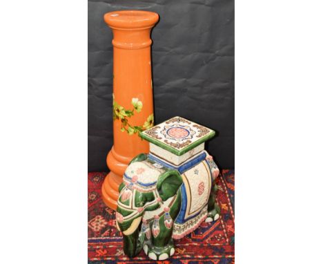 A Victorian Staffordshire terracotta jardiniere stand, painted with flowers and foliage; an Indian style ceramic elephant sea